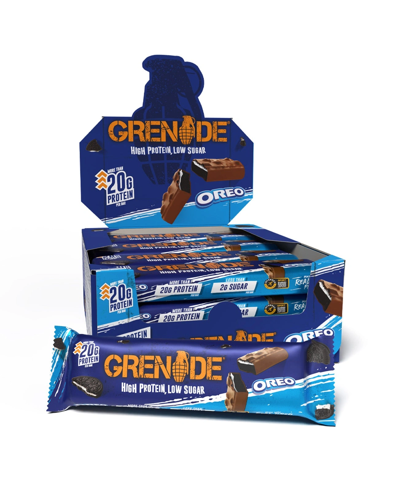 Current Grenade OREO protein bar box and wrapper